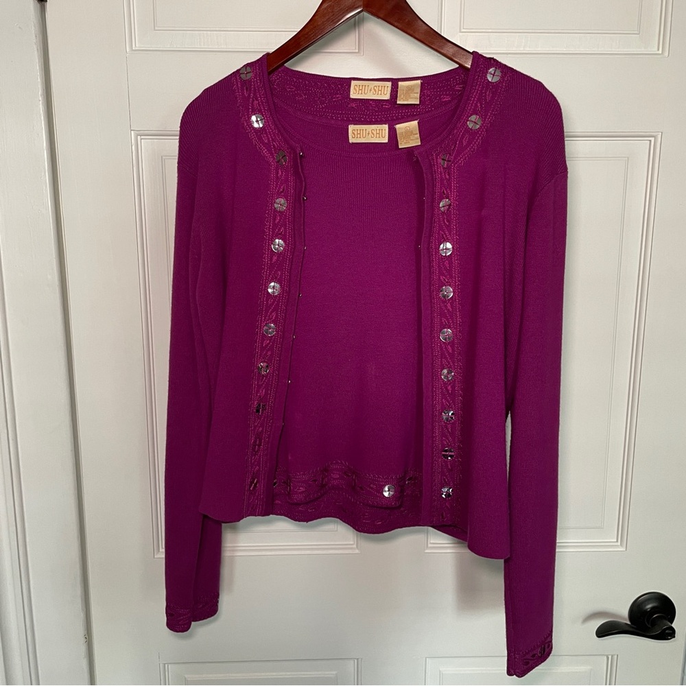 SHU SHU Vintage Magenta Embroidered Knit Twinset, Tank and Cardigan, Hong Kong